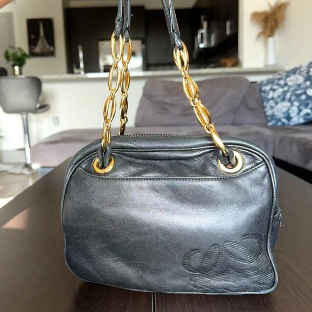 Loewe Anagram Black Leather Shoulder Bag with Chain Strap